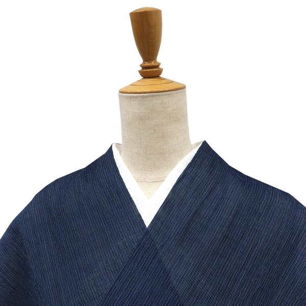15%クーポンあり 小千谷縮 着物 杉山織物 仕立て付き 紺 ネイビー 縞 