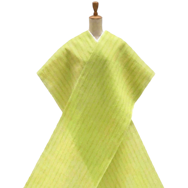 近江ちぢみ 着物 仕立て付き ライムグリーン色 黄緑 縞 本麻 夏着物 新品 購入 販売 未仕立て 反物 麻 盛夏 広幅 女物 男物 近江縮 ktn-88の画像