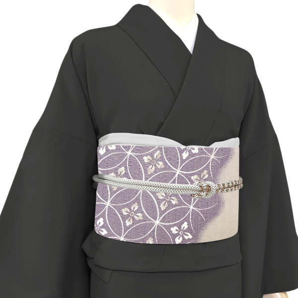 弥栄織物 名古屋帯 絹 仕立て付き 帯 カジュアル 西陣織 新品 単衣 袷 九寸帯 未仕立て ライトグレー 薄紫 七宝 反物 お茶会 no-297の画像