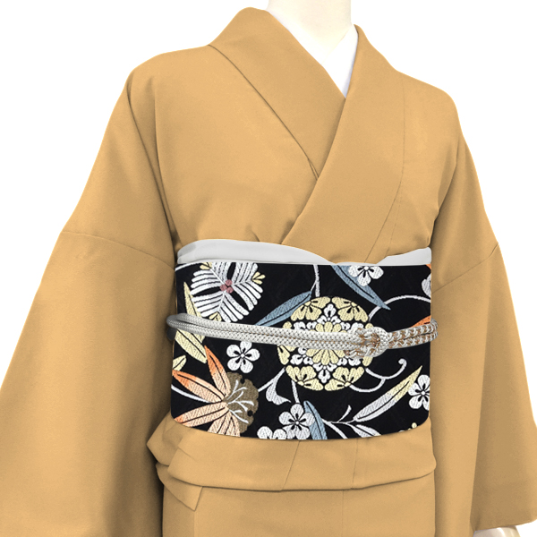 志都香 名古屋帯 黒 仕立て付き 西陣織 帯 正絹 新品 九寸帯 松竹梅 笹蔓 未仕立て 反物 カジュアル セミフォーマル お茶会 絹 no-409の画像