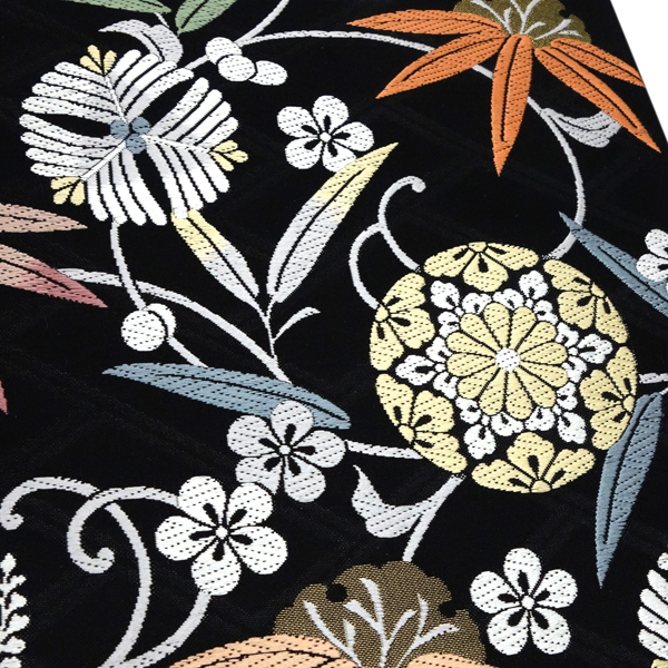 志都香 名古屋帯 黒 仕立て付き 西陣織 帯 正絹 新品 九寸帯 松竹梅 笹蔓 未仕立て 反物 カジュアル セミフォーマル お茶会 絹 no-409の画像