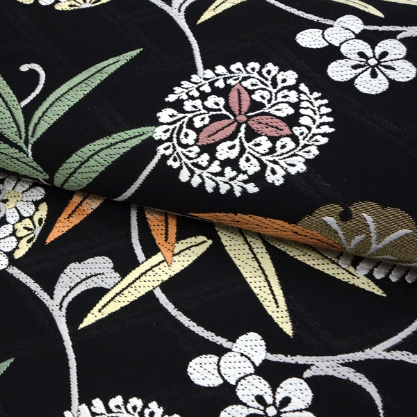志都香 名古屋帯 黒 仕立て付き 西陣織 帯 正絹 新品 九寸帯 松竹梅 笹蔓 未仕立て 反物 カジュアル セミフォーマル お茶会 絹 no-409の画像