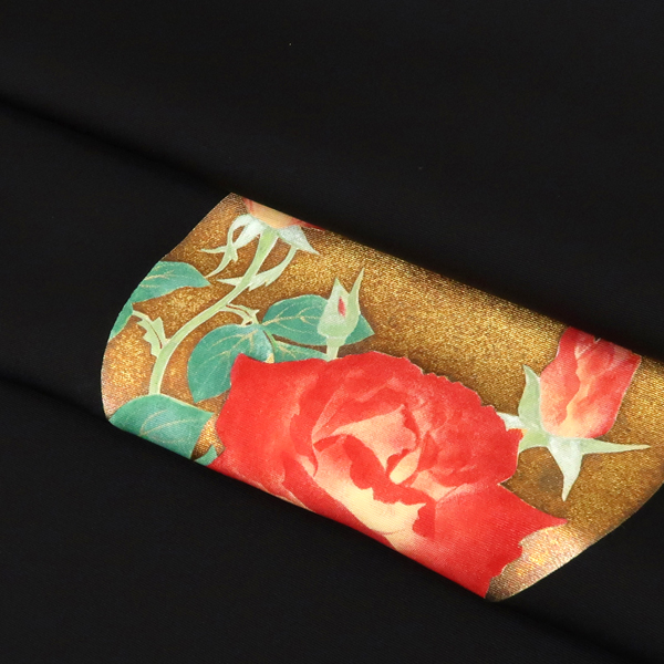 正絹 塩瀬 九寸名古屋帯 黒地 花唐草 友禅染め 赤×グリーン×白×ベージュ