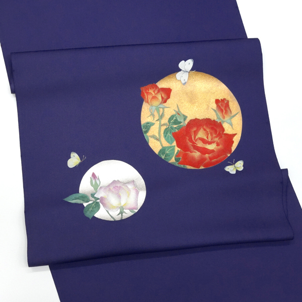 塩瀬名古屋帯 正絹 青紫 仕立て付き 京友禅 染め帯 お茶会 新品 九寸帯 