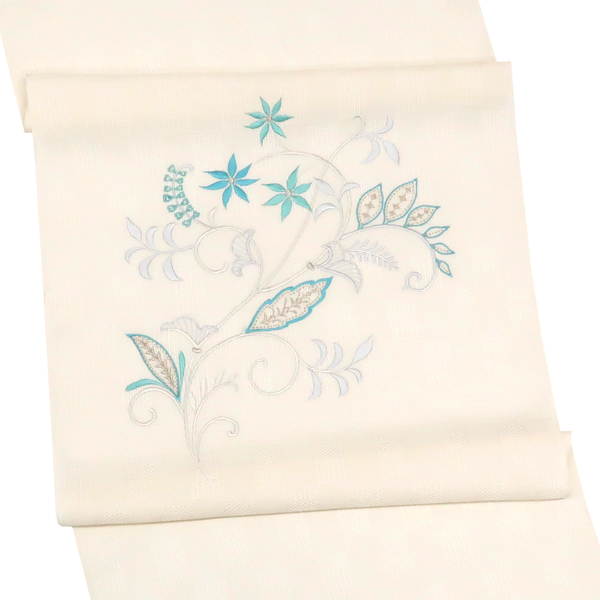 刺繍 名古屋帯 白 スリーシーズン対応 仕立て付き 正絹 唐草 更紗 