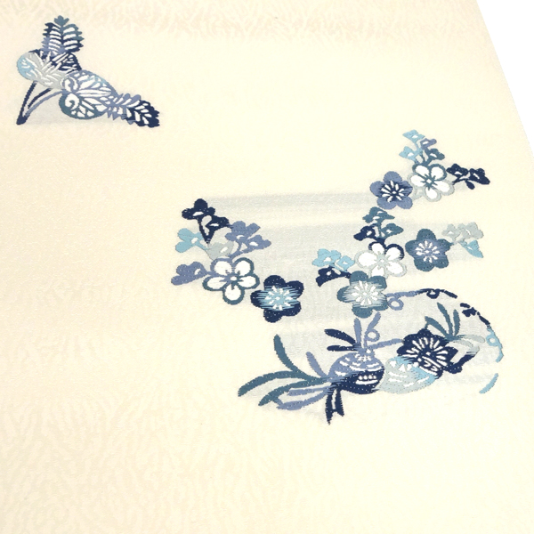 名古屋帯 白 岡文織物 仕立て付き 正絹 梅 葵 カジュアル 西陣織 新品  