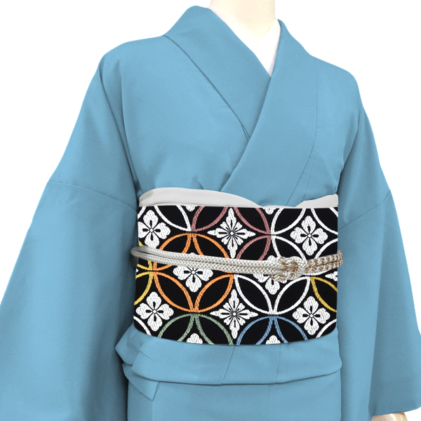 志都香 名古屋帯 黒色 仕立て付き 西陣織 帯 正絹 七宝 新品 九寸帯 未仕立て 反物 カジュアル セミフォーマル お茶会 絹 no-687の画像
