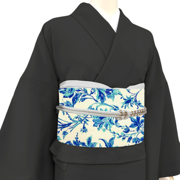 上田紬 染め名古屋帯 白 仕立て付き 会信織物 六文銭 正絹 染め帯 唐花草 更紗 紬地 新品 九寸帯 九寸名古屋帯 袷 反物 カジュアル no-727の画像