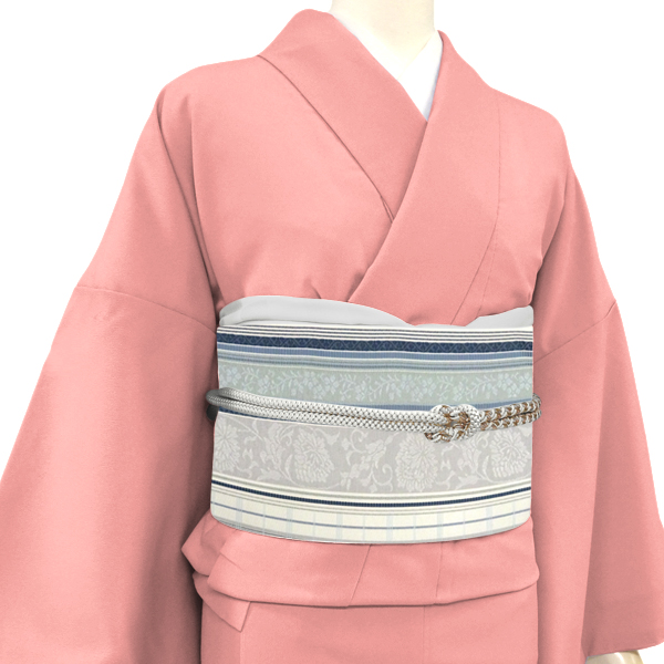 博多帯 白 森博多織 正絹 仕立て付き 縞 間道 唐草 帯 八寸帯 名古屋帯 新品 未仕立て 反物 カジュアル 絹 全通 単衣帯 八寸帯 no-732の画像