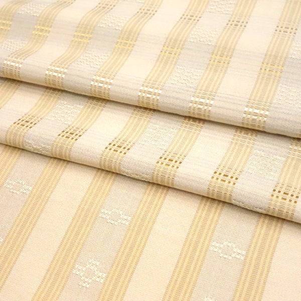 春の日セール【美品・高級すくい織】夏帯、黄基調のパステルカラー織☆名古屋帯 15%クーポンあり 首里織 花織 名古屋帯 ベージュ 正絹 仕立て付き 高久