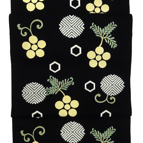 都（みやこ）名古屋帯 黒 正絹 仕立て付き 西陣織 帯 新品 購入 販売 九寸帯 梅鉢 亀甲 未仕立て 反物 カジュアル お茶会 洒落帯 no-757の画像