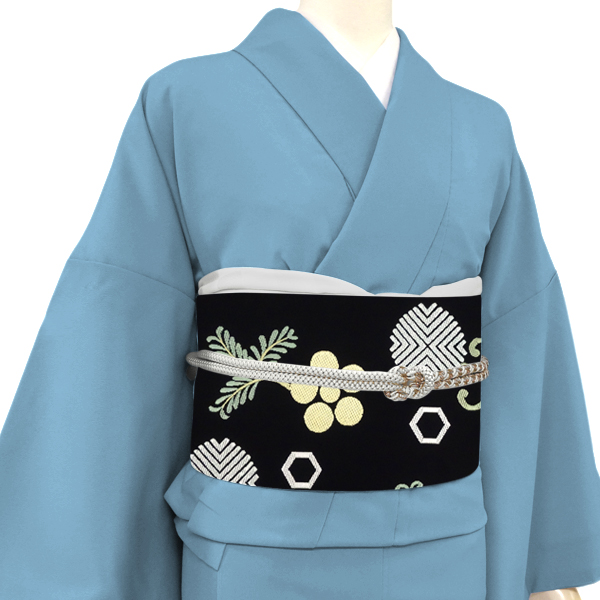 都（みやこ）名古屋帯 黒 正絹 仕立て付き 西陣織 帯 新品 購入 販売 九寸帯 梅鉢 亀甲 未仕立て 反物 カジュアル お茶会 洒落帯 no-757の画像