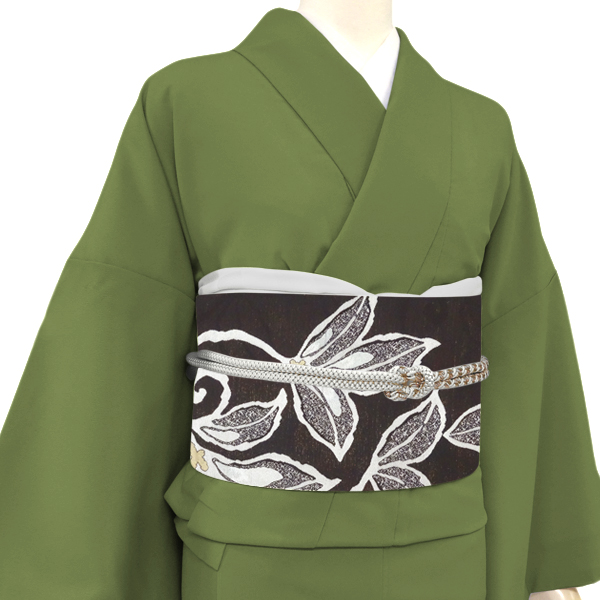 織華佐竹 名古屋帯 西陣織 仕立て付き こげ茶色 唐草柄 正絹 帯 新品 九寸帯 未仕立て 反物 カジュアル お茶会 仕立て込み 洒落帯 絹 no-759の画像