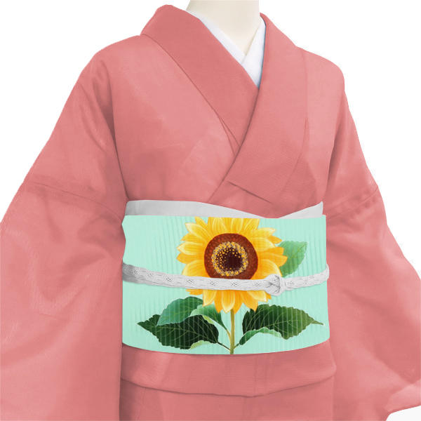 30%OFFセール 夏名古屋帯 黄緑 仕立て付き 向日葵 蝶 絽名古屋帯 五泉 