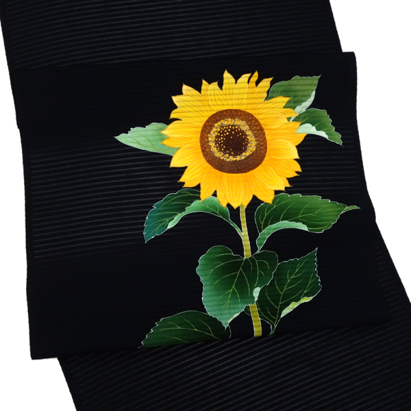 30%OFFセール 夏名古屋帯 黒 仕立て付き 向日葵 蝶 絽名古屋帯