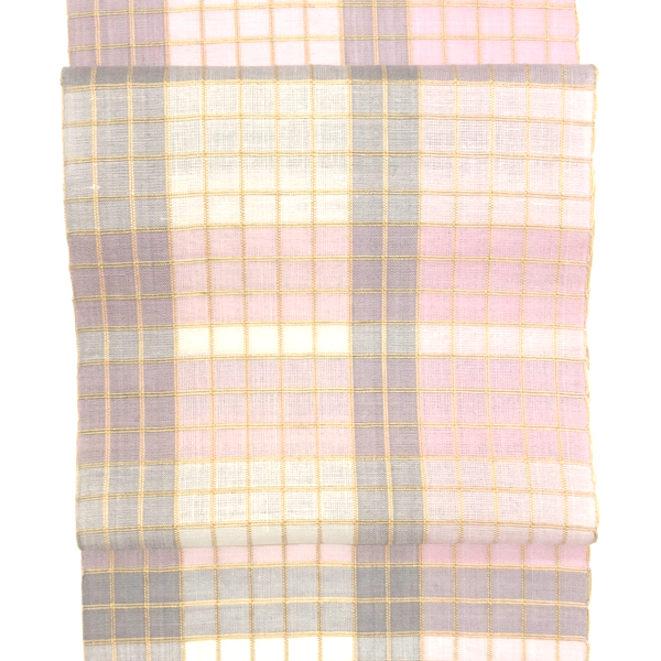 からむし 夏麻名古屋帯 仕立て付き 白×ピンク 手織り 格子 カジュアル