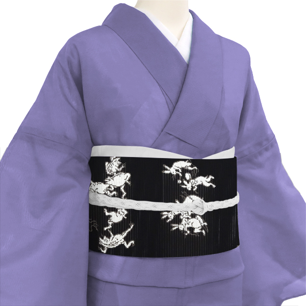 佐々木染織 夏絽名古屋帯 黒 仕立て付き 鳥獣戯画 古典柄 西陣織