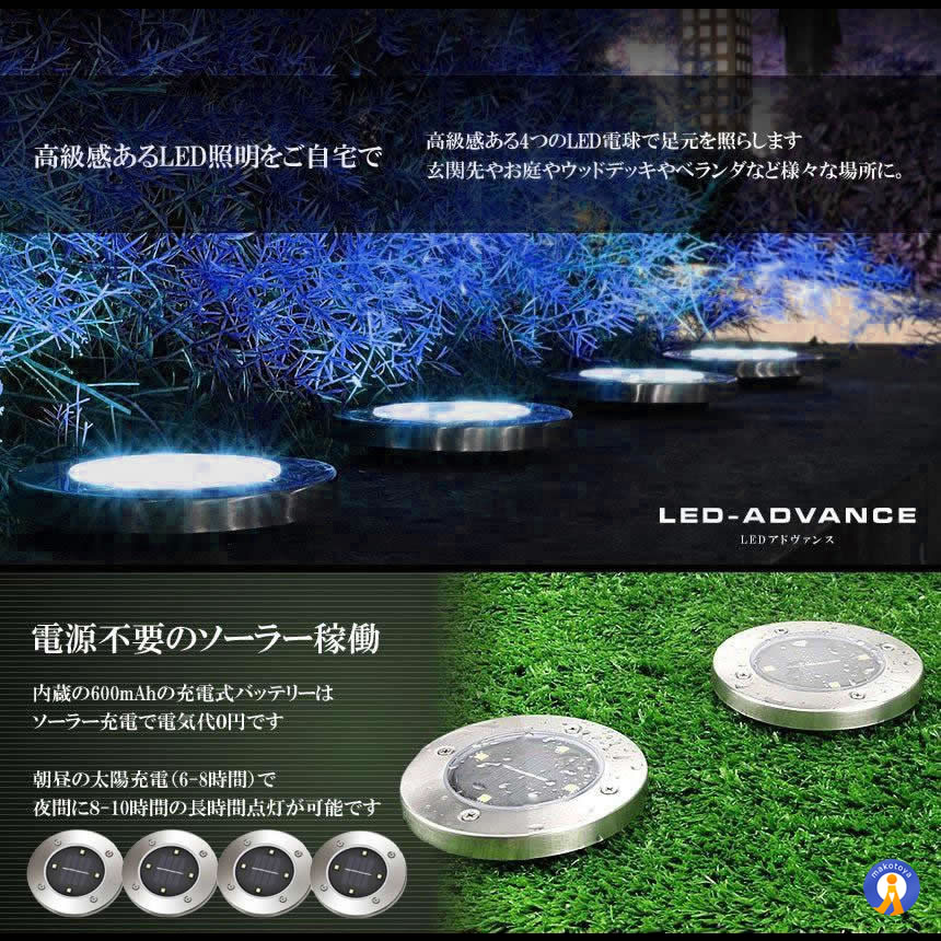 LED ガーデン ソーラー ライト 白光 屋外 埋め込み式 8個セット