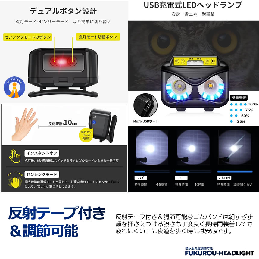 フクロウ LED ヘッドライト 6つモード センサー機能 デュアルライト 高