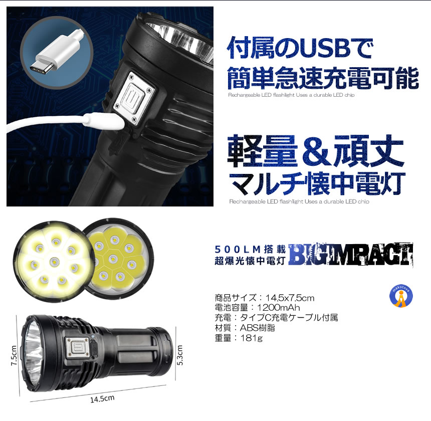 2個セット ビッグインパクト懐中電灯 強力照射 USB充電式 爆光 マルチ 4つの点灯 照明 ランプ 緊急 災害 ライト LED BIGIMPAC｜kasimaw｜08