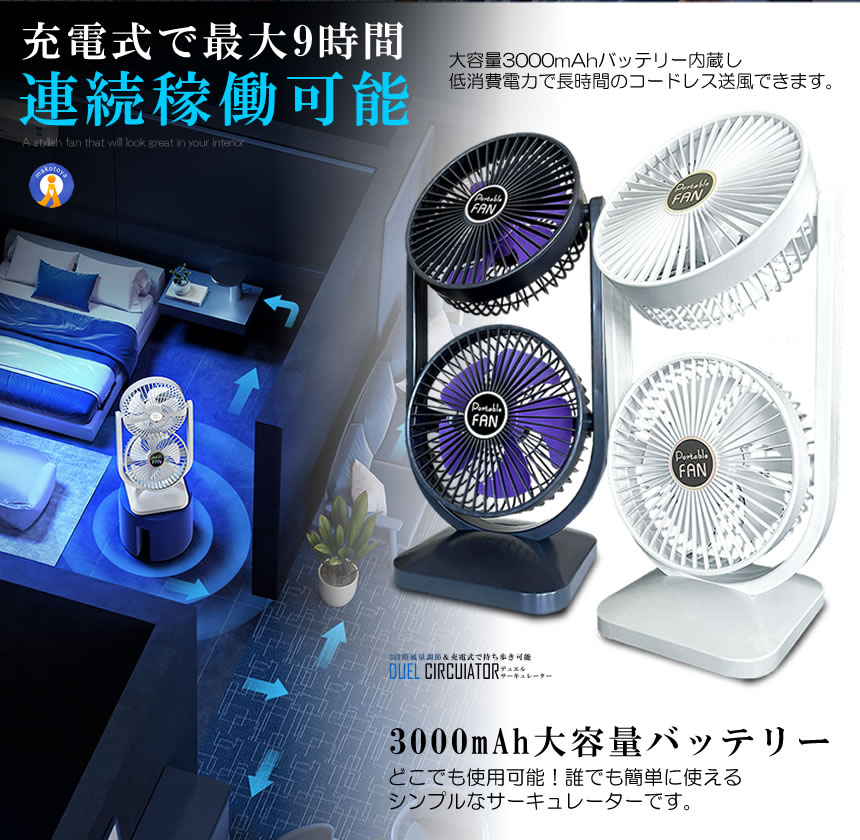 2個セット ツインファン 扇風機 サーキュレーター 充電式 2連 静音