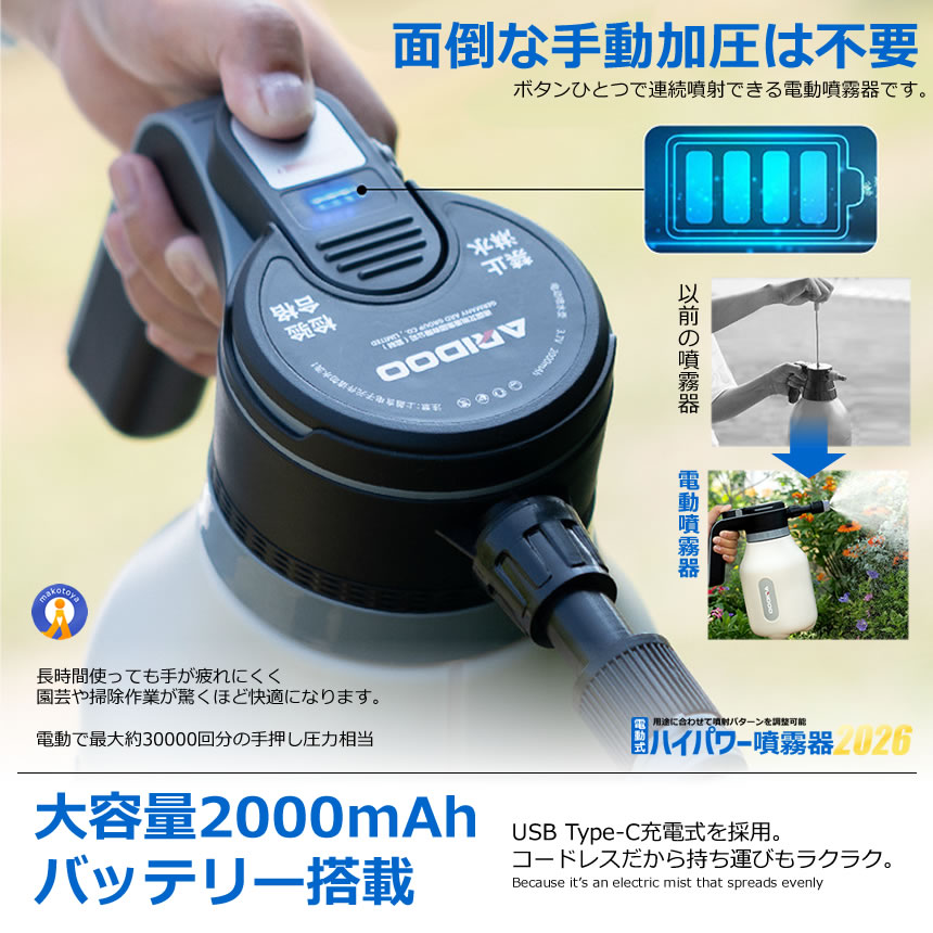 2台セット 電動噴霧器 2L USB充電式 自動噴霧 一鍵噴射 24cm延長ノズル