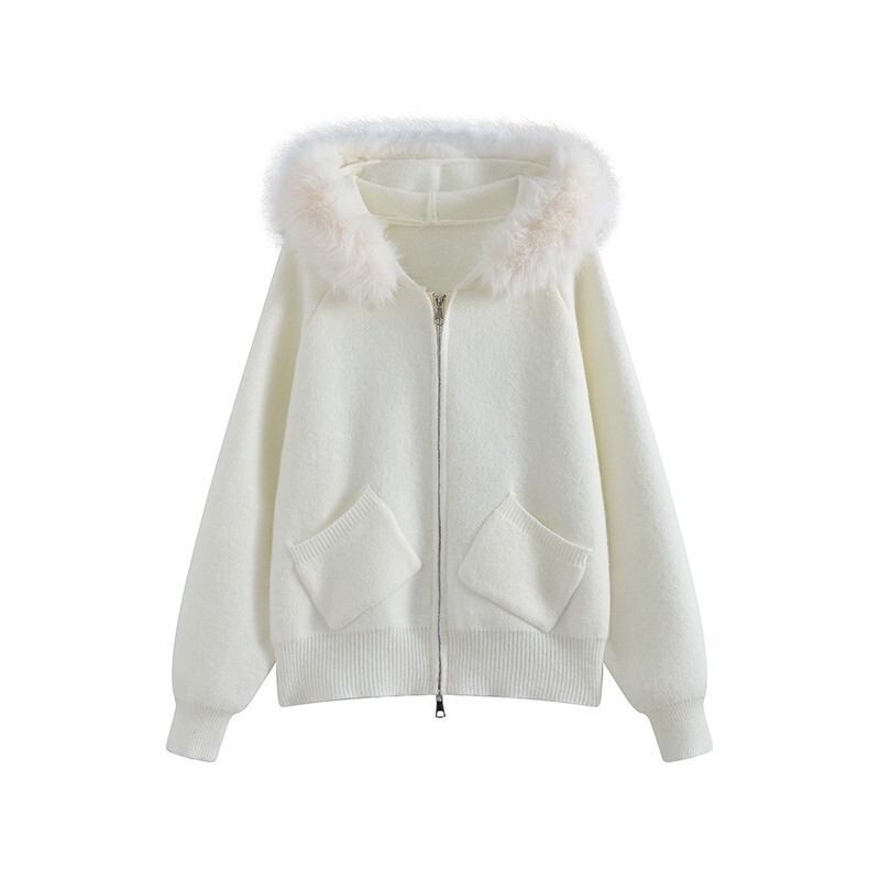 カーディガン ファー付き ットカーディガン エコファー フード ジップ