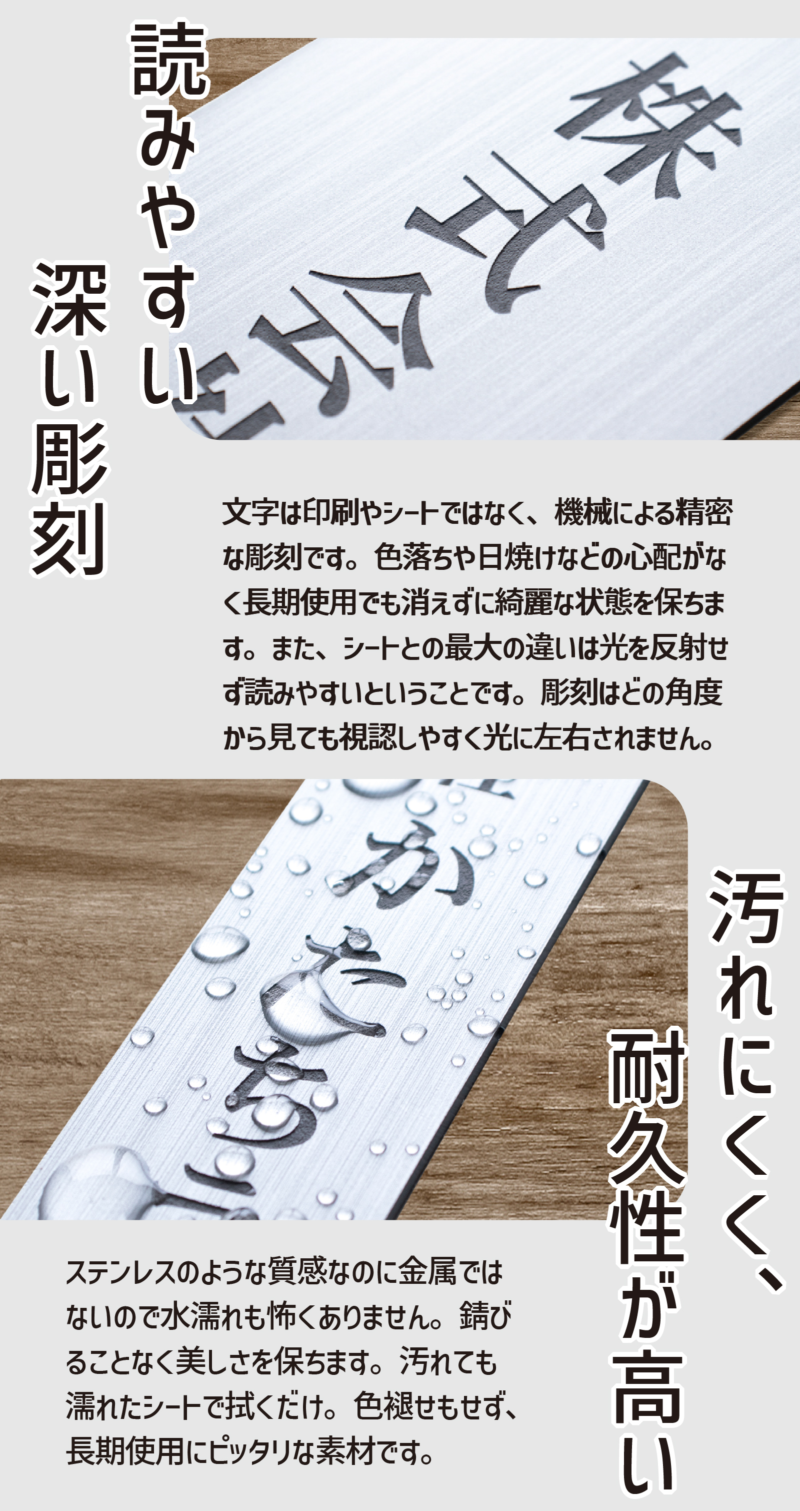 精密な彫刻と水に強い丈夫なアクリル素材