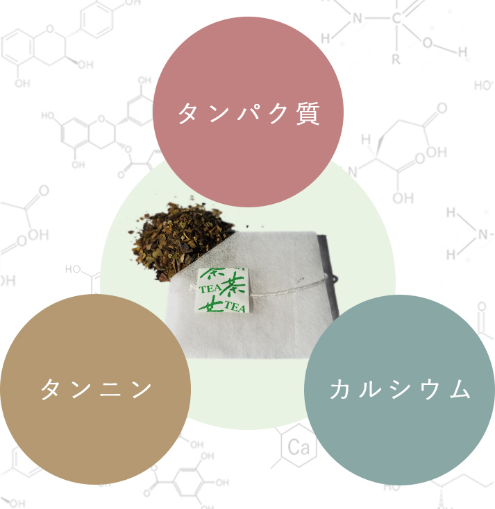 タンパク質・タンニン・カルシウムが茶葉に含まれているイメージ