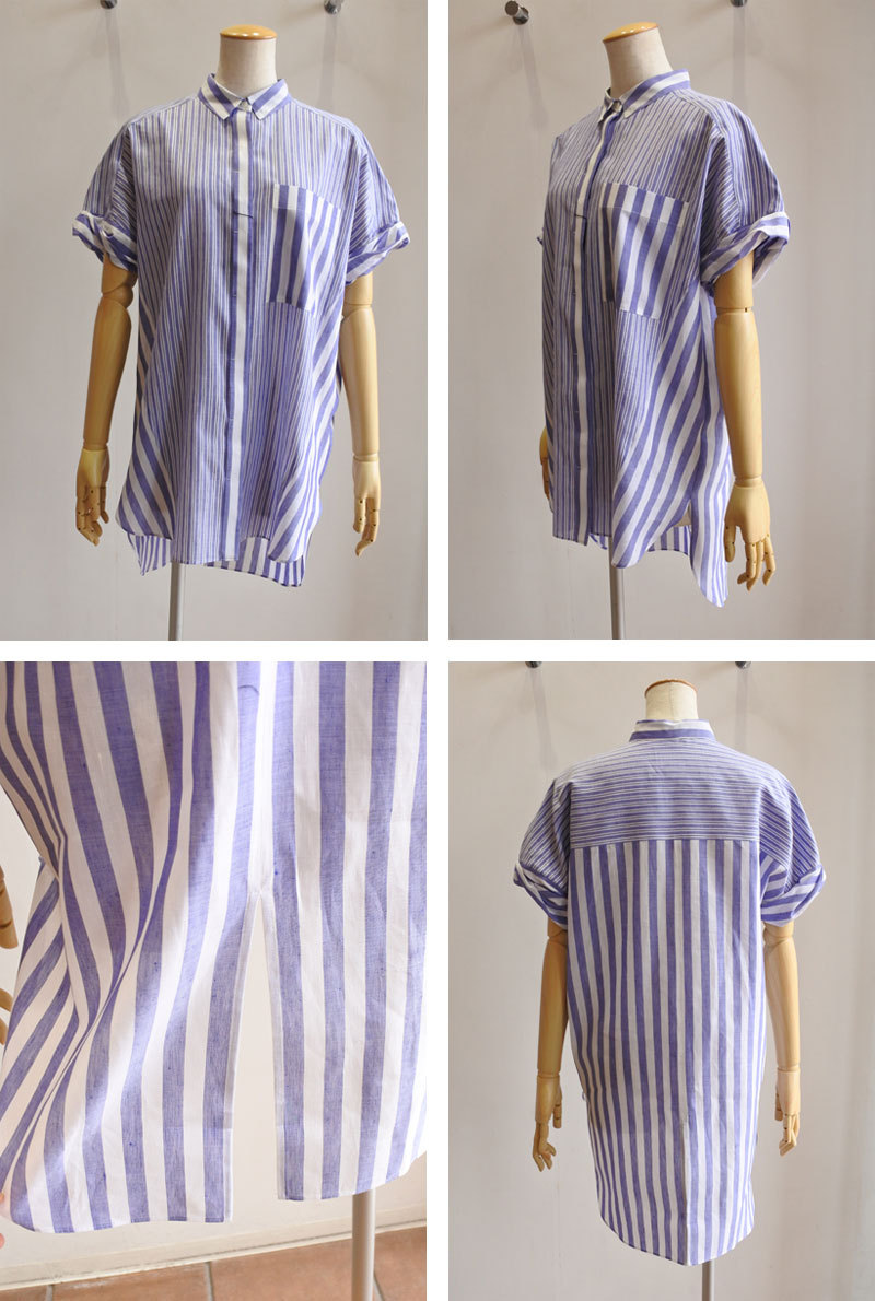 C+ シープラス コットンリネン ロングシャツブラウス ストライプ