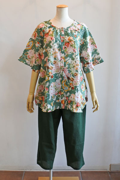 鴨居羊子チュニック★薔薇とお人形柄の半袖パジャマ綿ローン チュニック TUNIC チュニック 鴨居羊子 5分袖全開パジャマ