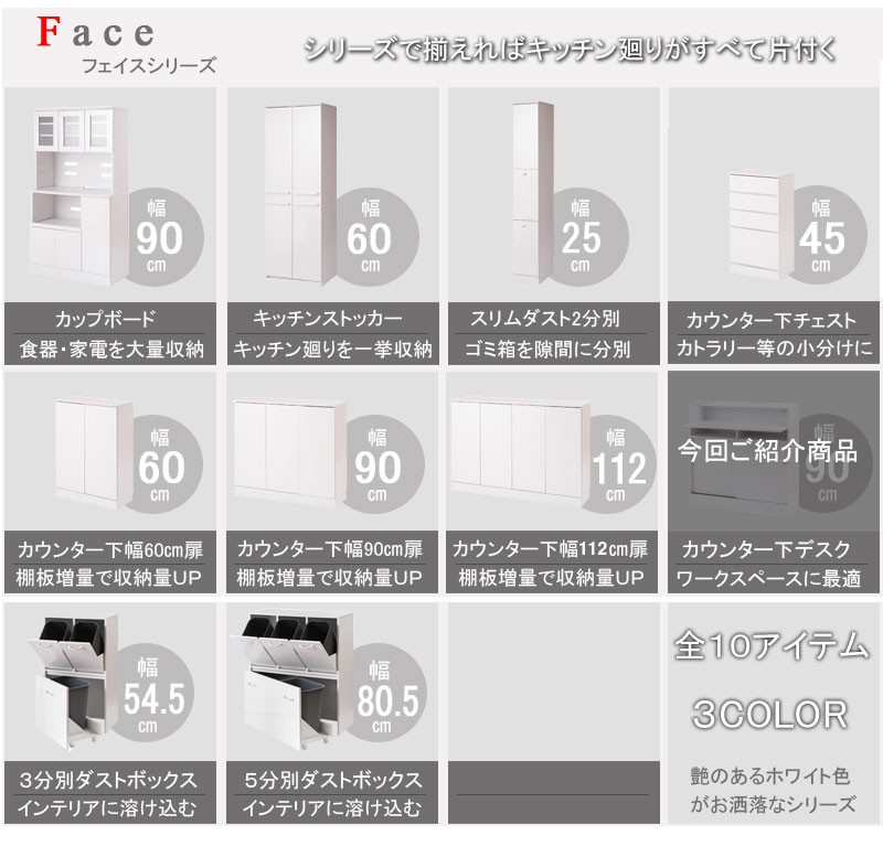 Face キッチンカウンター下収納 キャビネット＆パソコンデスク 引戸 幅90×奥行30×高さ87.5cm PCデスク 学習机 インテリア 家具 北欧  fy-0047/fy-0048/fy-0049 : kau40277 : カウオール - 通販 - Yahoo!ショッピング