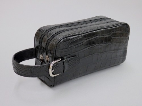 【タイムセール】 川彦　クロコダイル メンズ Wファスナーセカンドバッグ　黒 【Q1081481386】(38418円)