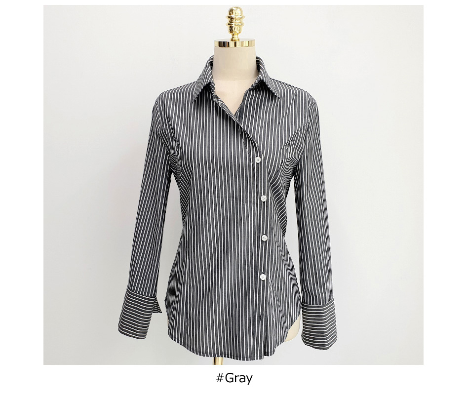 VINTAGE - ロングシャツ ストライプ 柄格子柄 Vネックブラウス モノトーン スリット入り VINTAGE - ロングシャツ ストライプ 柄格子柄 Vネックブラウス