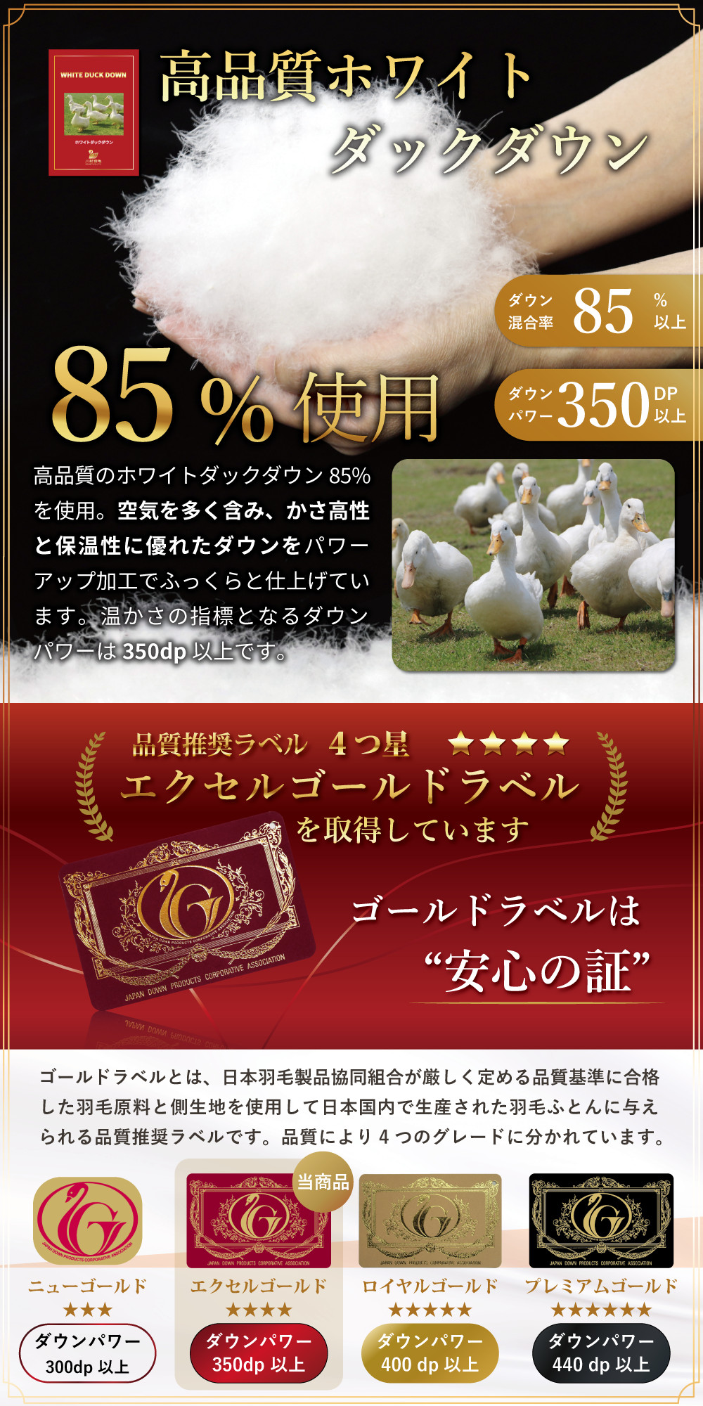 羽毛布団 ダブル 冬用 日本製 増量1.6kg ホワイトダックダウン85% 無地