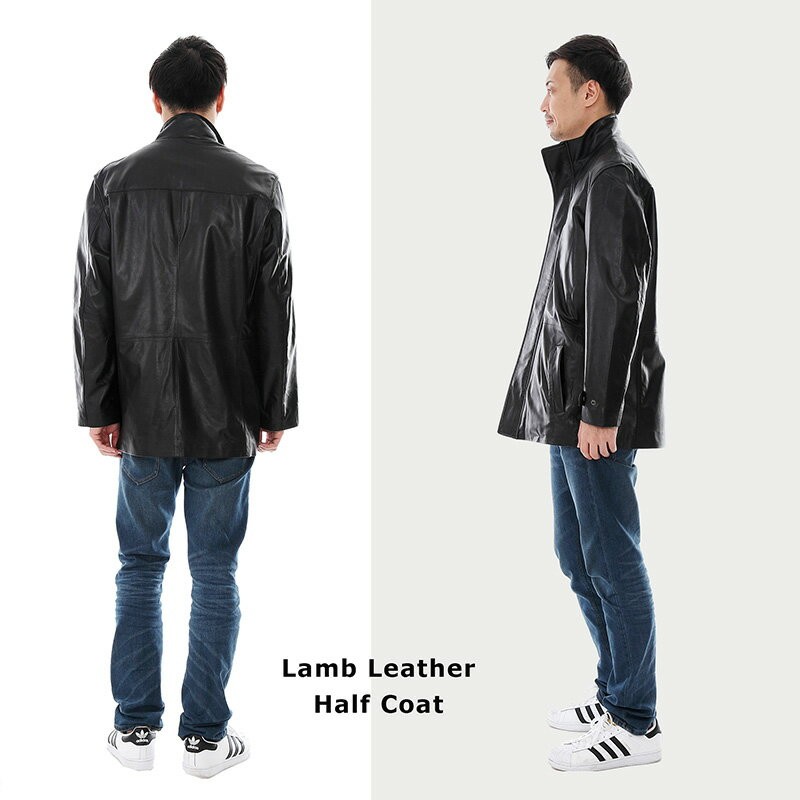 スタンドカラーコート レザーコート 本革 ラム革コート : 本革 レザー