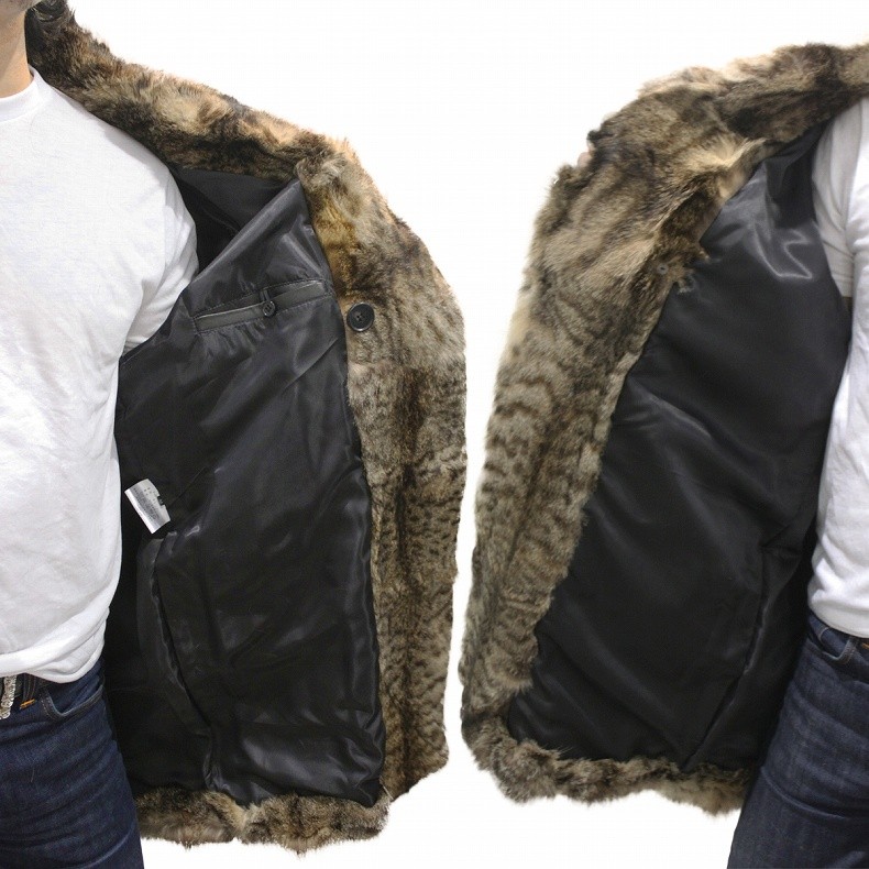 着丈90cm丈 毛皮コート メンズ ファーコート キャット ダブルボタン