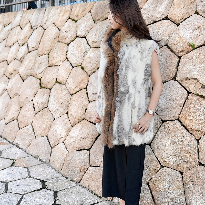 毛皮ベスト レディース ラビット ラクーン ファーベスト リバーシブル
