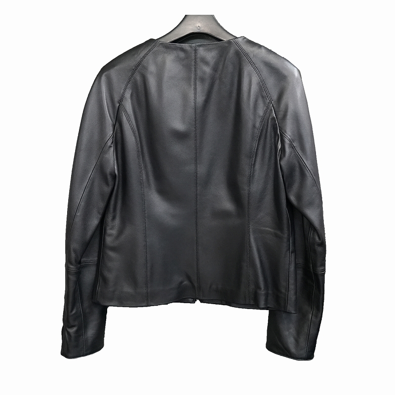 レディース ラム革 ノーカラー レザージャケット S/M/L/LL/3L ブラック