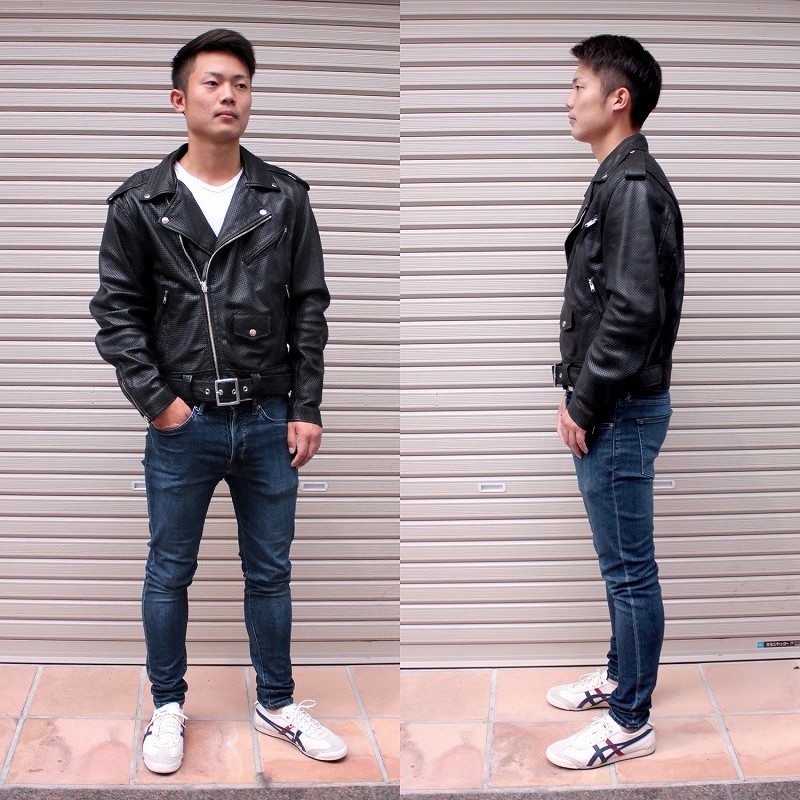 ARMANI JEANS レザーライダースジャケット M 春夏向けパンチング加工 kawanotajimaya_mlrj0333p