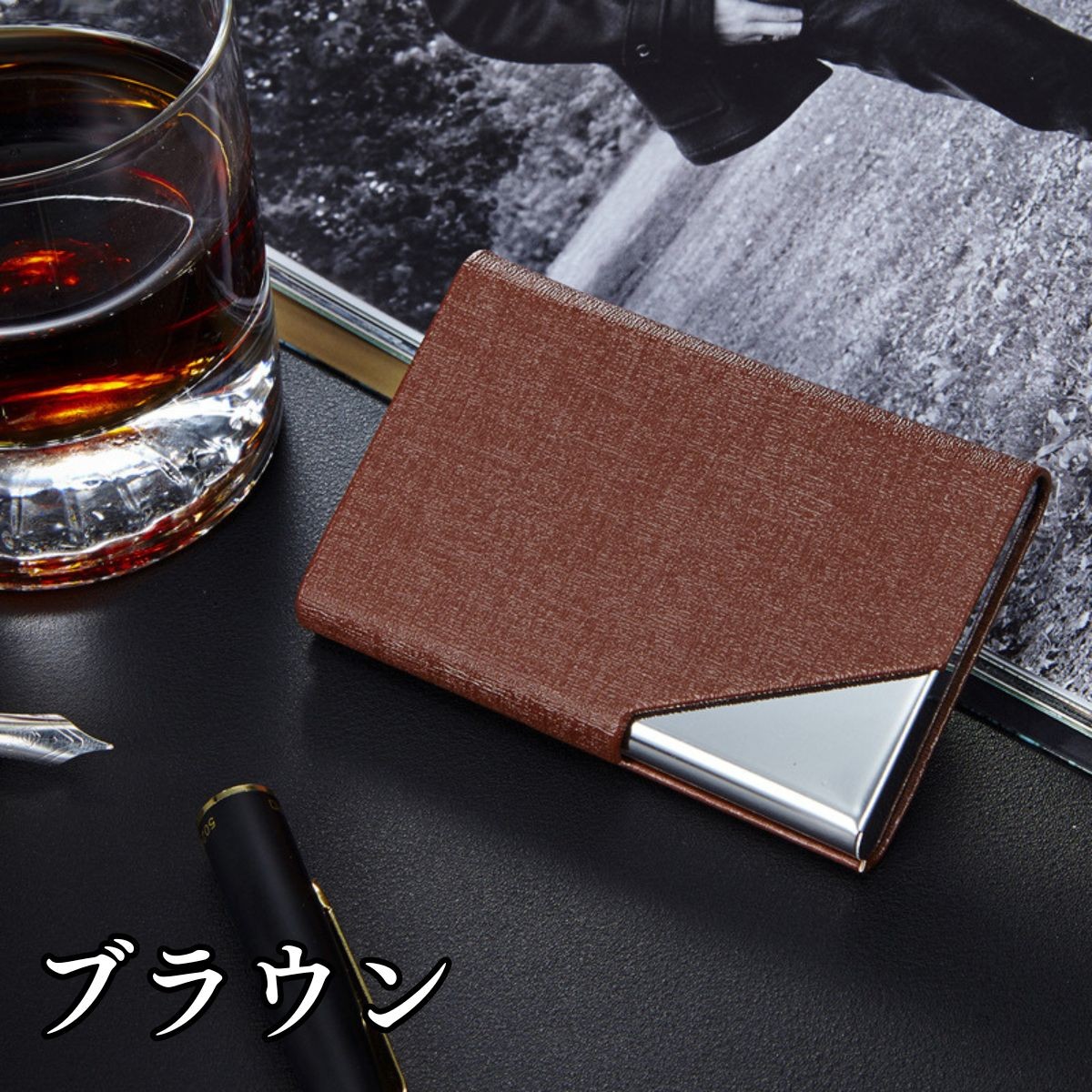 名刺入れ カードケース メンズ レディース 大容量 薄型 スリム レザー おしゃれ ステンレス コンパクト マグネット式 フラップ ビジネス PUレザー | ブランド登録なし | 02