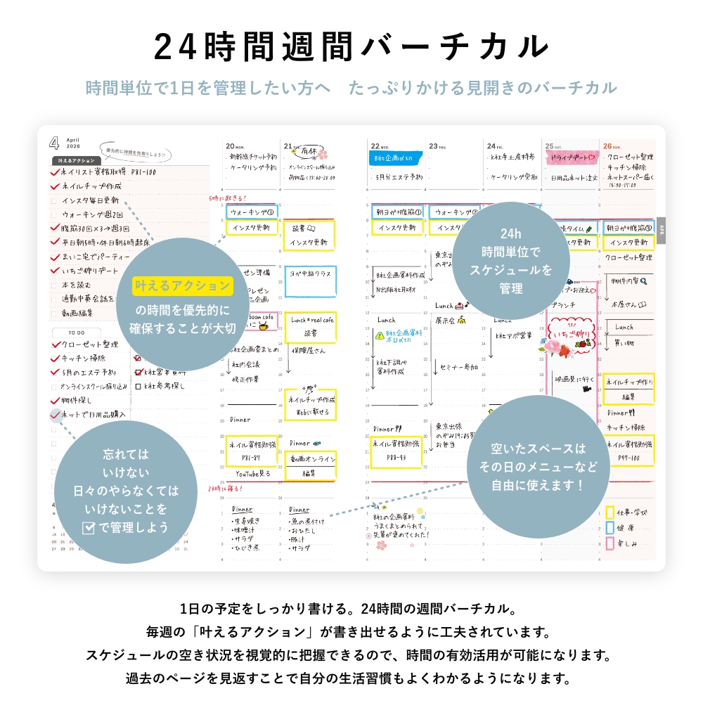 Y-Style 私らしさ手帳 2026年 1月始まり 3月終わり A5 24時間週間バーチカル ガントチャート マンスリー スケジュール帳