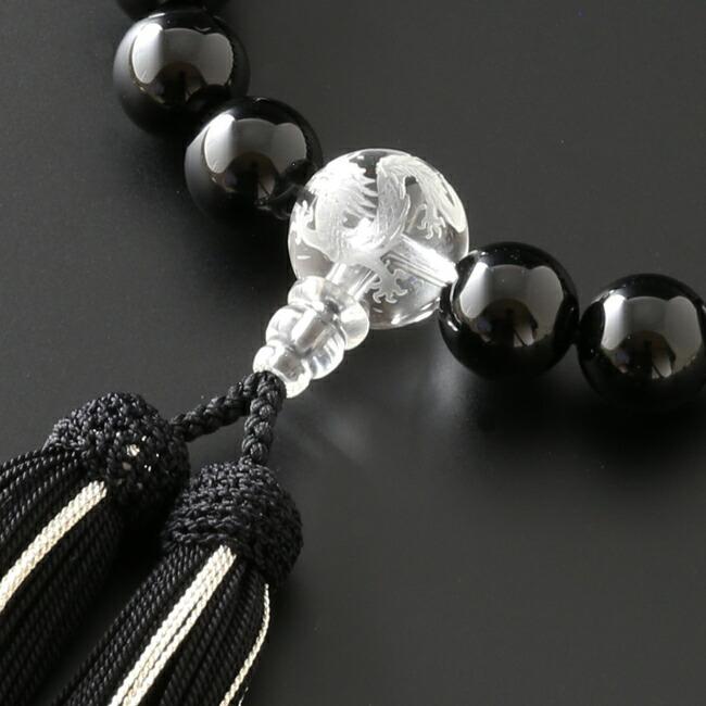 数珠 男性用 ２色頭房 黒オニキス（20玉） 竜彫り水晶仕立て 念珠袋付き Ｍ-042｜kb-hayashi｜03