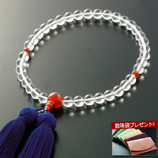 数珠 女性用 みやこ房 本水晶 瑪瑙 メノウ 仕立て 念珠袋付き Ｗ-033｜kb-hayashi