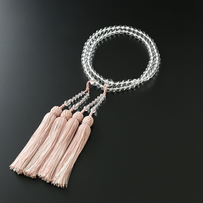 京仏壇はやし 数珠 女性用 二連 八宗用 本水晶 2色房(灰桜・白) 念珠袋