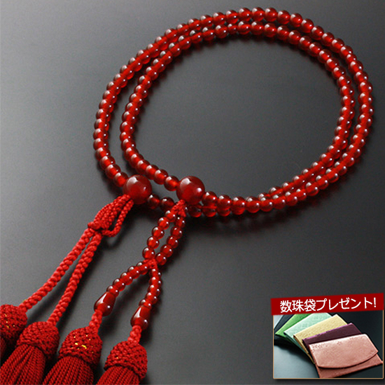 数珠 女性用 浄土真宗 二連 八寸 瑪瑙 めのう 本式数珠 念珠袋付き ＳＷ-065｜kb-hayashi