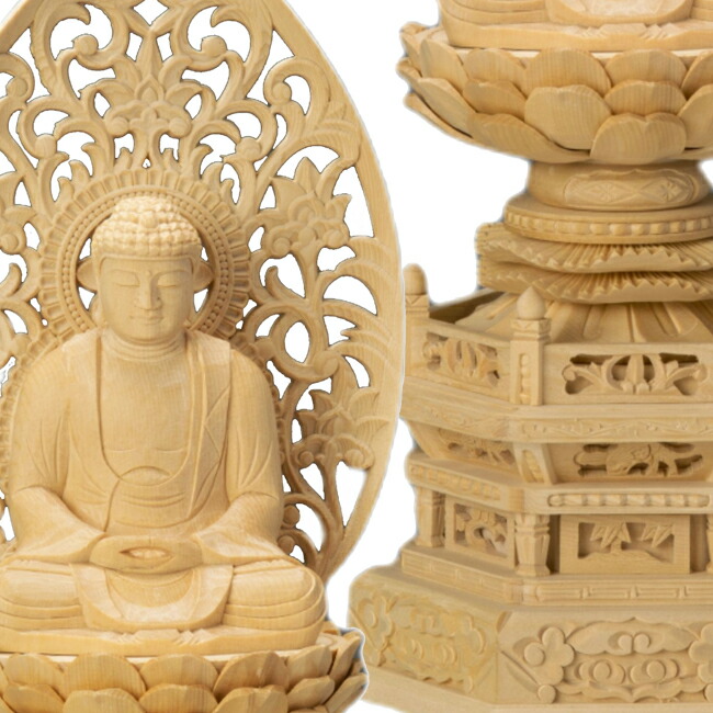 京仏壇はやし 仏像 総桧 六角台座 座釈迦 唐草 2.5寸 : 仏壇 仏具 数珠
