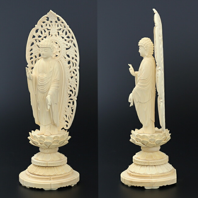 仏像 ご本尊 総ツゲ 丸台座 舟立弥陀 唐草 ２.８寸 仏壇用 | 京仏壇はやし | 01