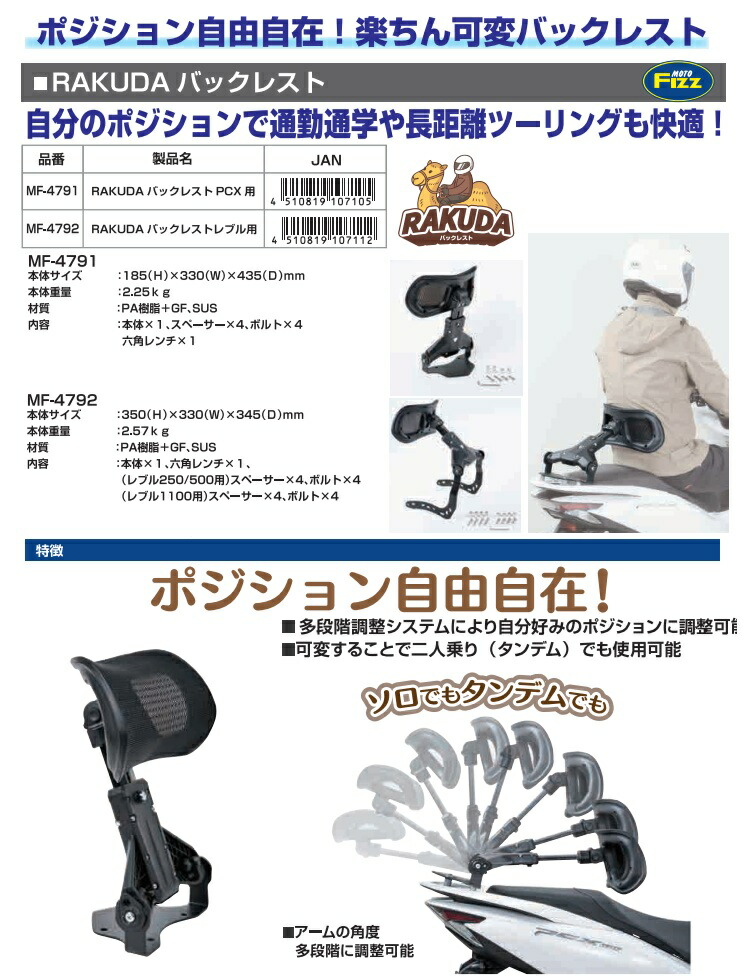 TANAX（タナックス） MF-4791 RAKUDA バックレスト PCX用 ブラック お