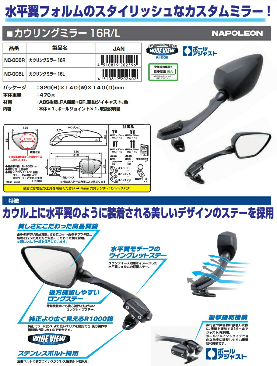 TANAX（タナックス） NC-006L カウリングミラー16R ブラック 左側用